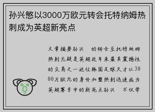 孙兴慜以3000万欧元转会托特纳姆热刺成为英超新亮点