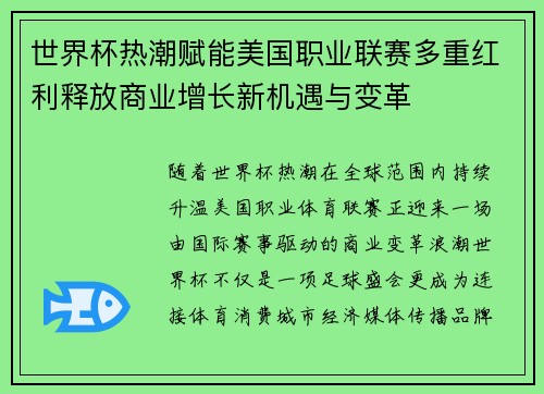 世界杯热潮赋能美国职业联赛多重红利释放商业增长新机遇与变革